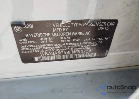 2015 BMW 328I из США, поврежденный, VIN WBA3A5G59FNS90756